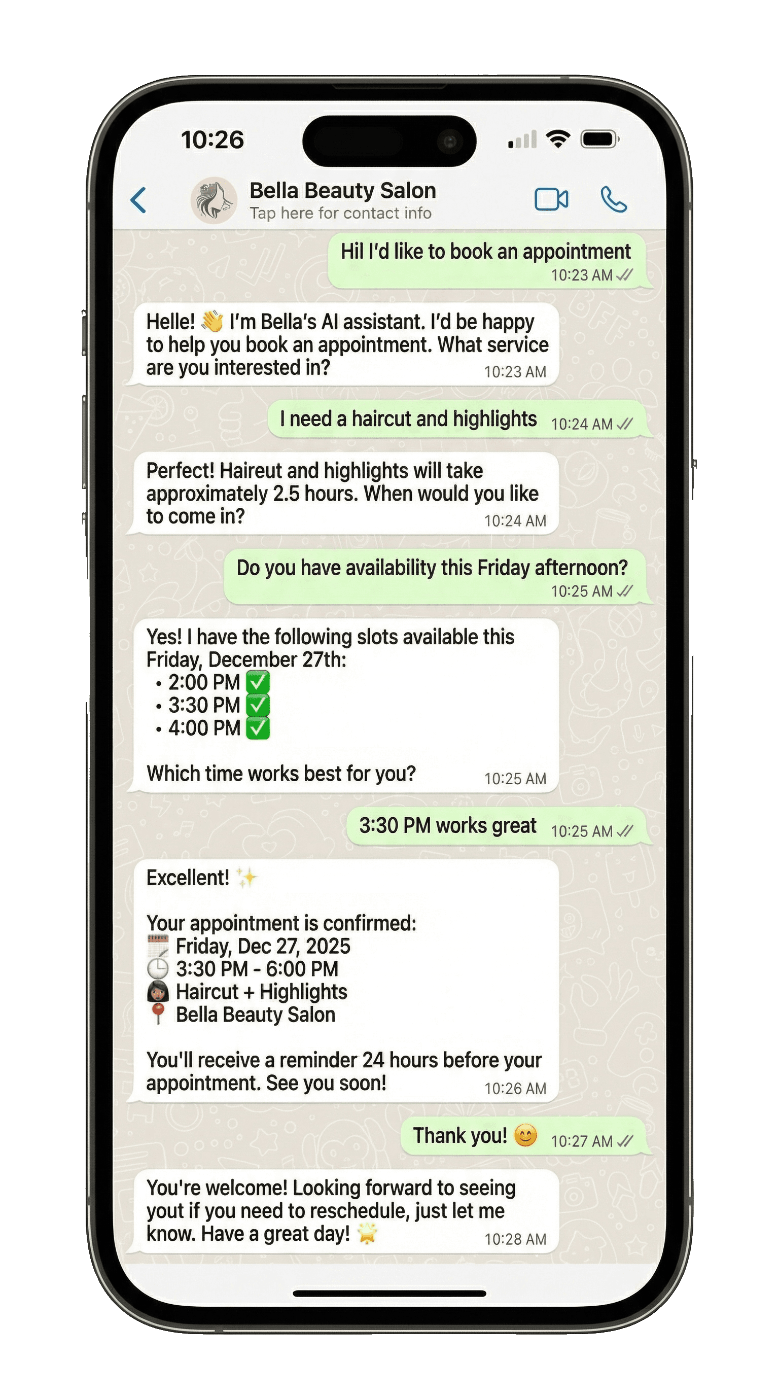 WhatsApp booking conversation with Bookza AI assistant
