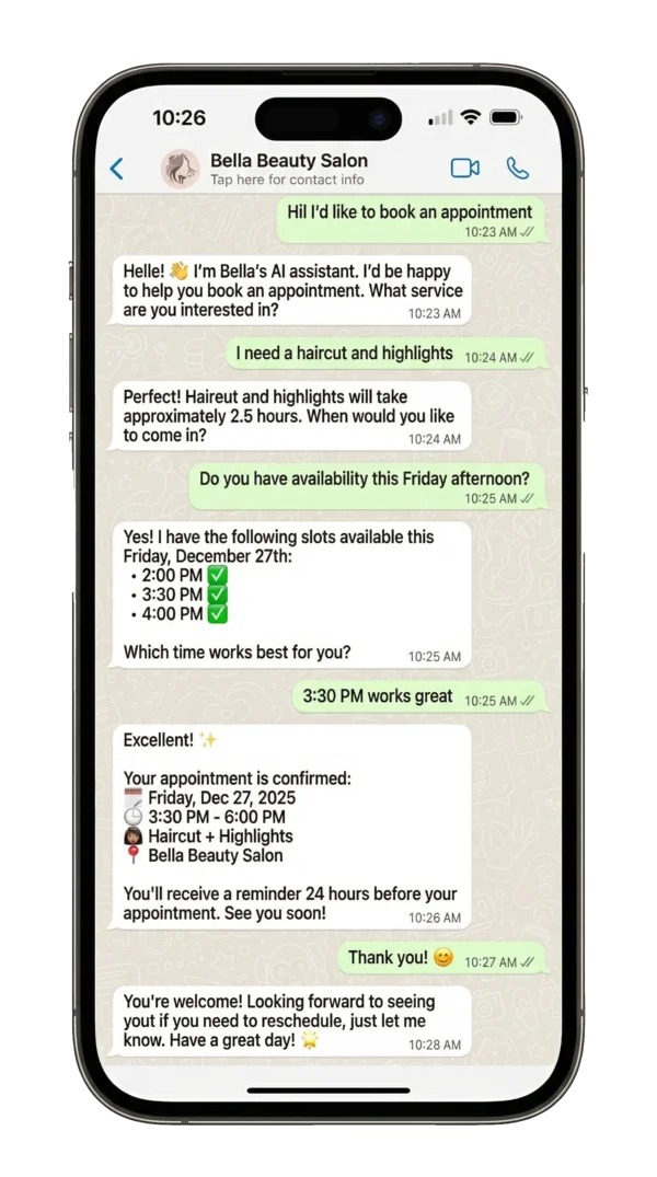 WhatsApp booking conversation with Bookza AI assistant